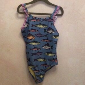 Girls Blue Fish Print One-Piece Swimsuit with Pink Ruffle Straps